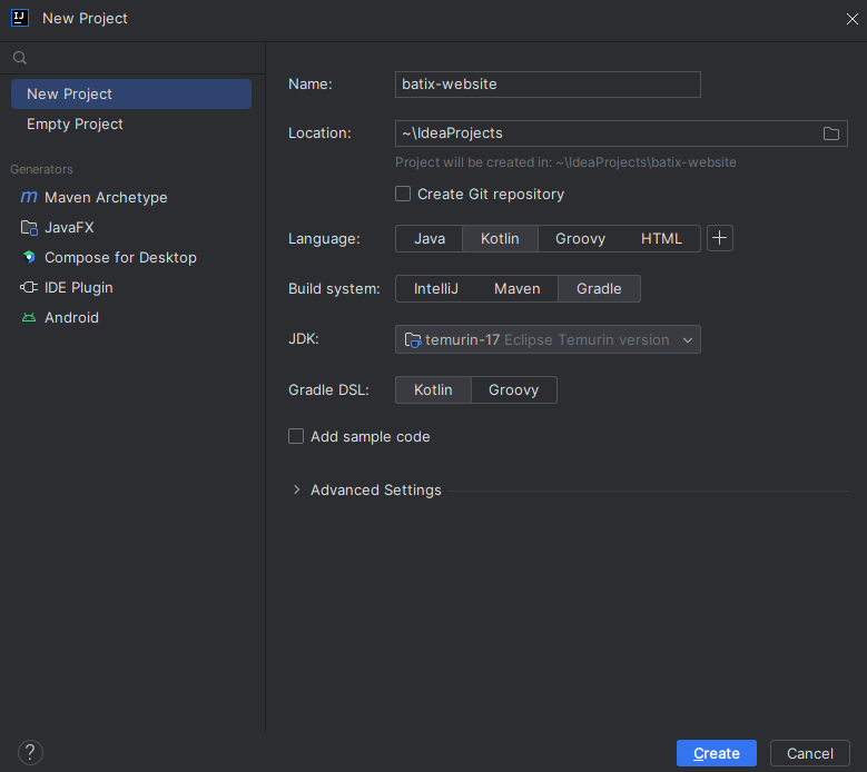 New project Dialog
